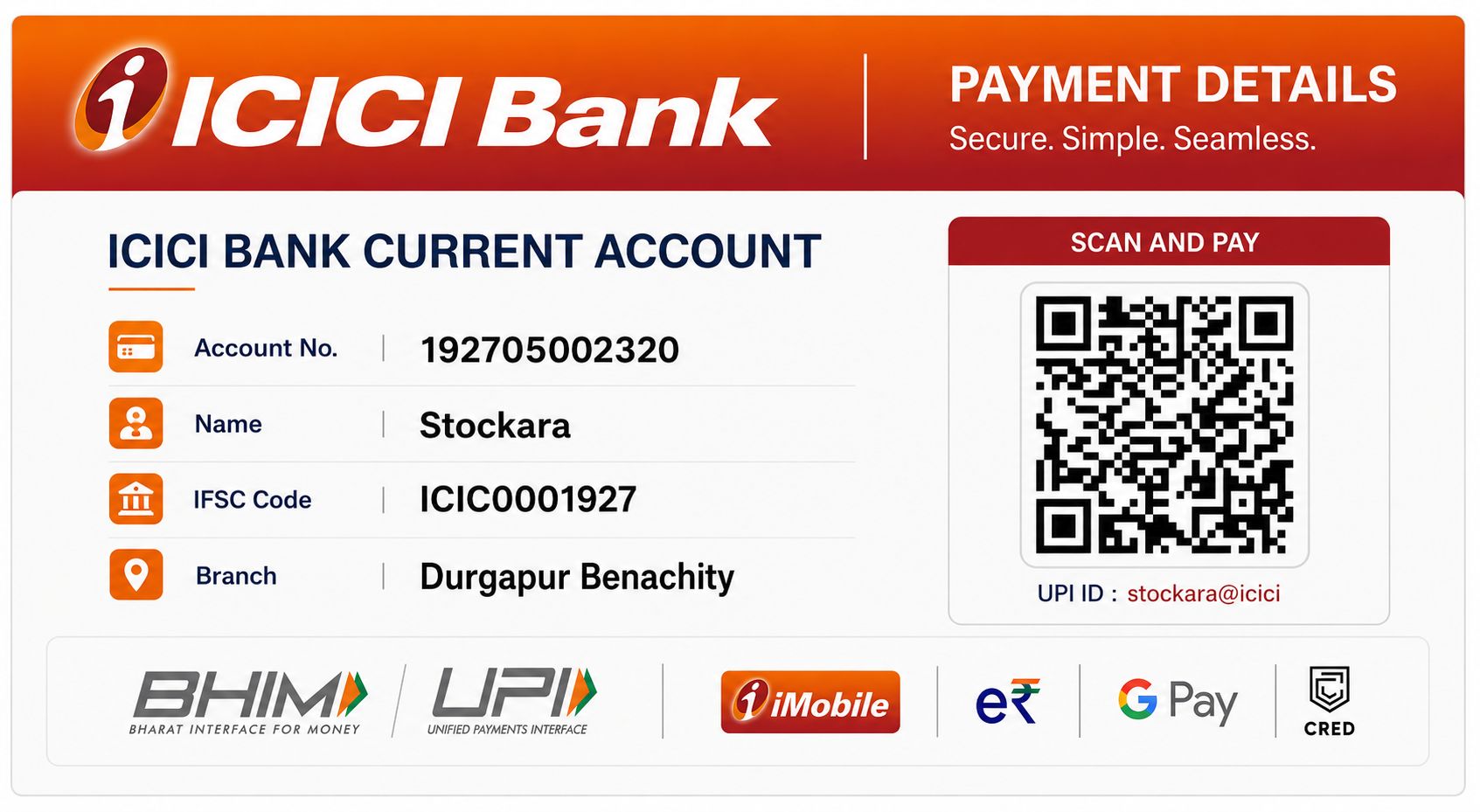ICICI Bank payment reference graphic including Stockara bank account, IFSC and UPI QR code